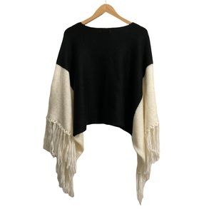 Black White Color-blocked Fringe Pullover Poncho